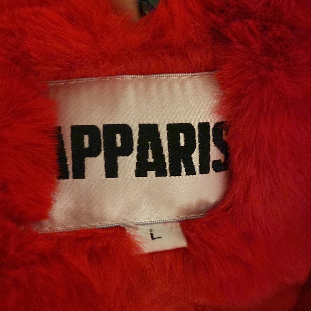Apparis - scarlet red luxurious, faux fur coat with notched collar and pockets - Picture 14 of 16